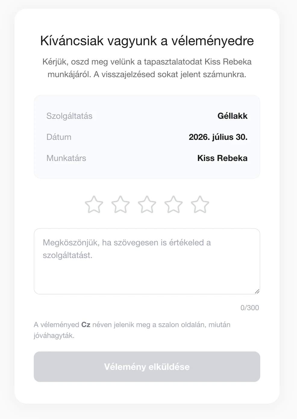 A vendég értékelő oldala a csillagokkal és a szöveges mezővel